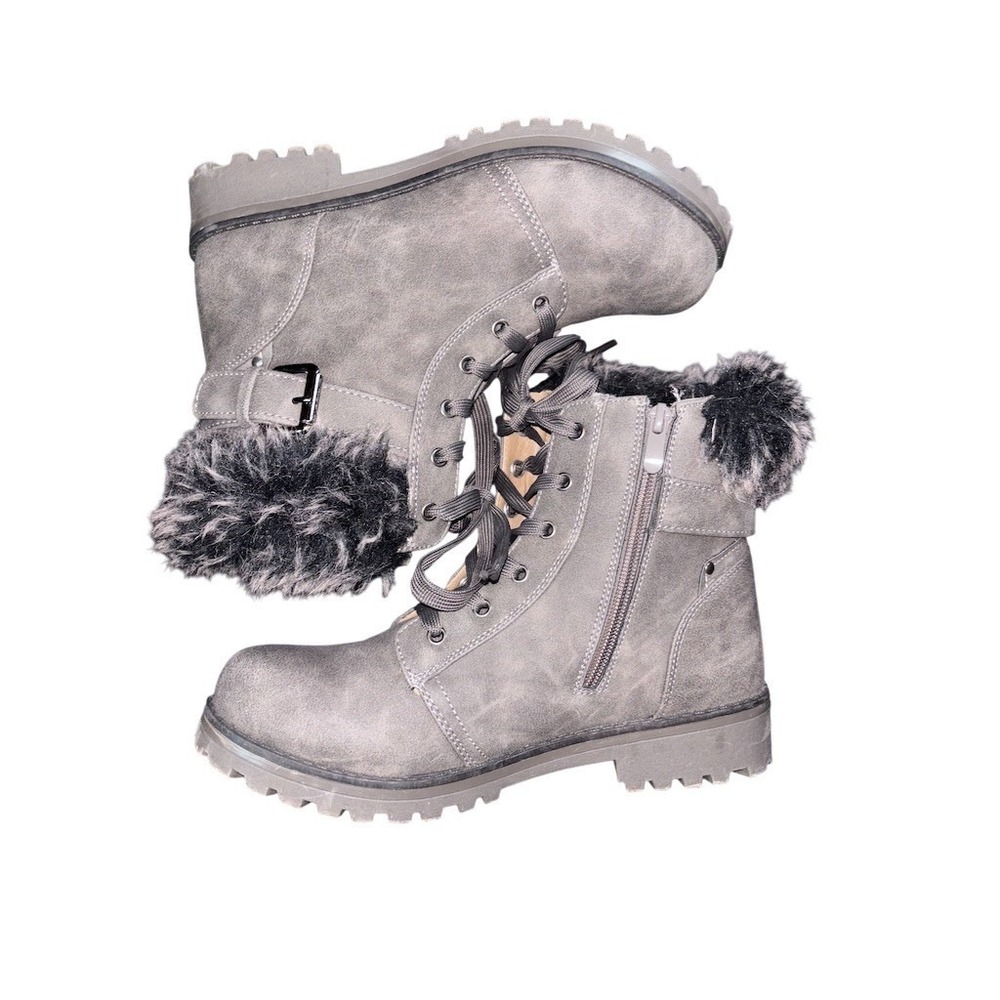 LAMO Apres‎ Womens Winter Combat Boots Gray Faux Fur Cuff Side Zip US 8 fleece
